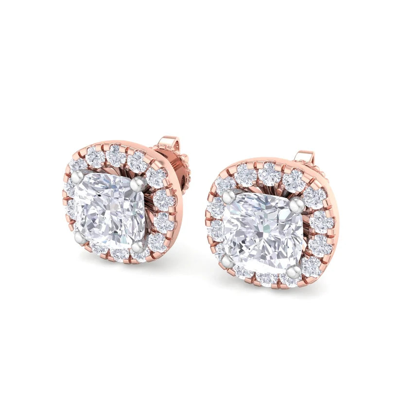 Cushion-Cut Diamond Halo Stud Earrings in Gold