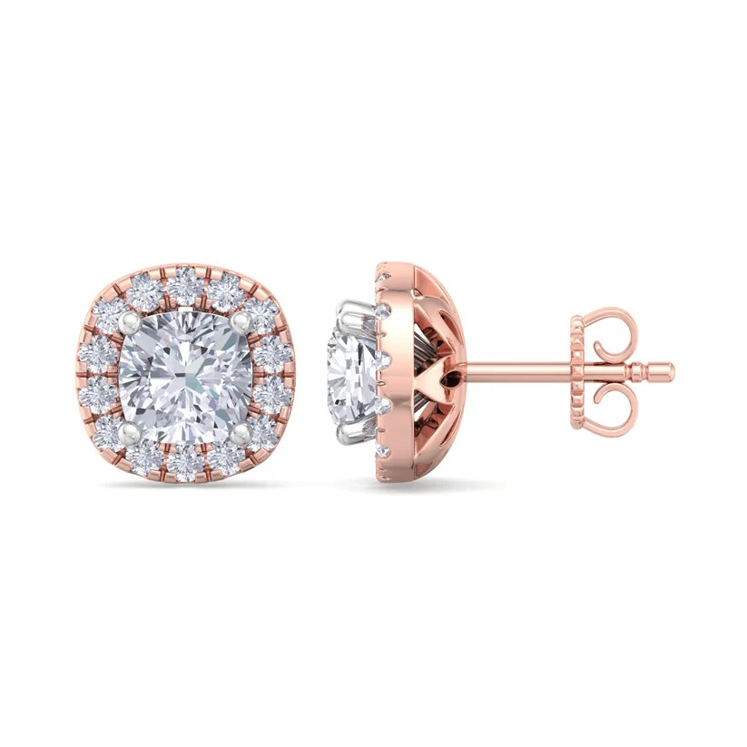 Cushion-Cut Diamond Halo Stud Earrings in Gold