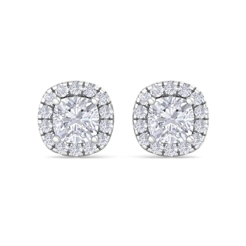 Cushion-Cut Diamond Halo Stud Earrings in Gold