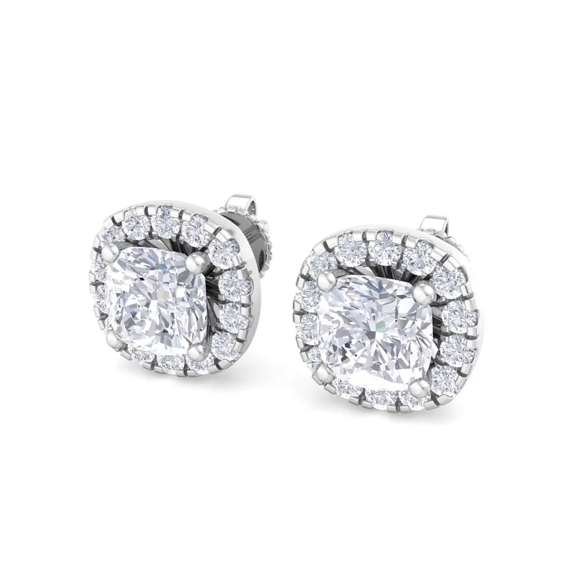 Cushion-Cut Diamond Halo Stud Earrings in Gold