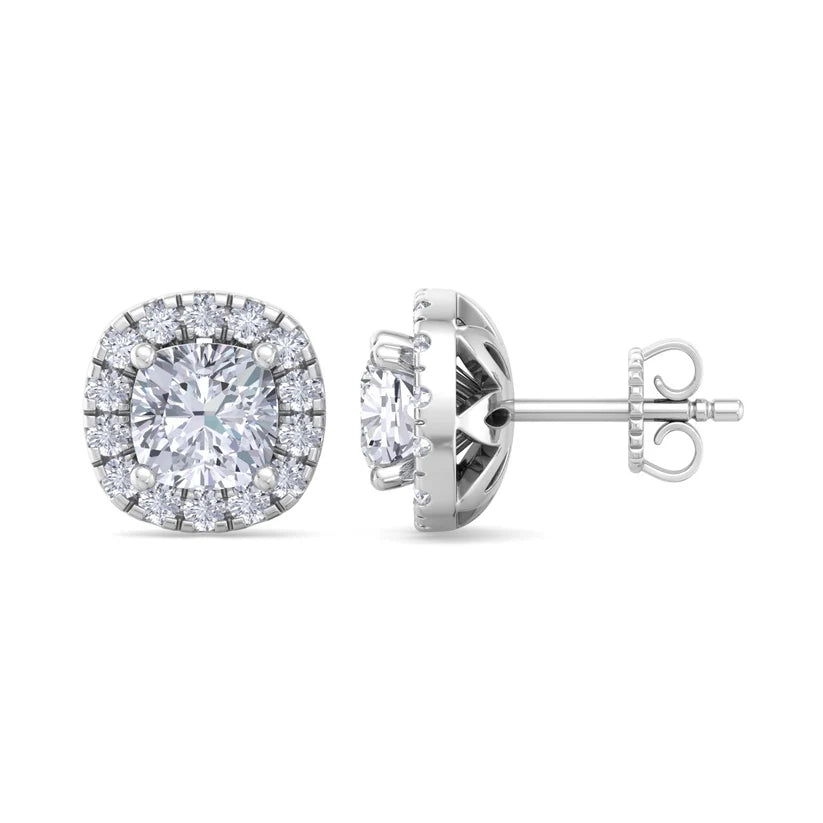 Cushion-Cut Diamond Halo Stud Earrings in Gold
