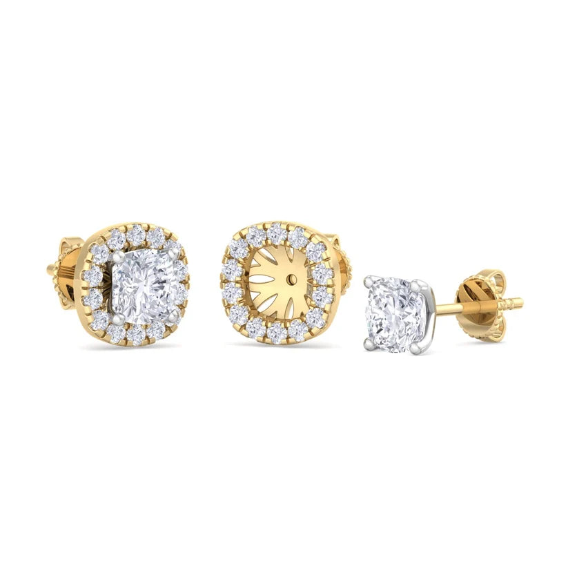 Cushion-Cut Diamond Halo Stud Earrings in Gold
