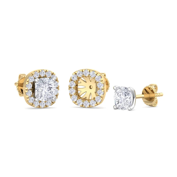 Cushion-Cut Diamond Halo Stud Earrings in Gold