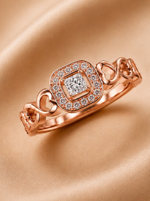 Princess-Cut Diamond Cushion Halo Promise Ring With Infinity Heart Motifs