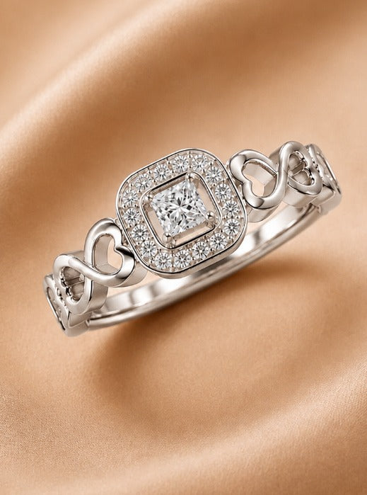Princess-Cut Diamond Cushion Halo Promise Ring With Infinity Heart Motifs