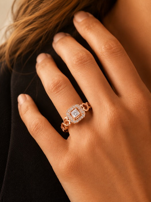 Princess-Cut Diamond Cushion Halo Promise Ring With Infinity Heart Motifs
