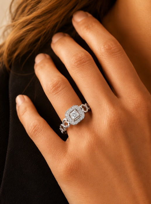 Princess-Cut Diamond Cushion Halo Promise Ring With Infinity Heart Motifs