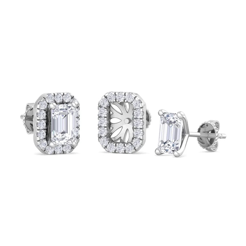 Emerald-Cut Diamond Halo Stud Earrings – Luxury Gold Frame Design