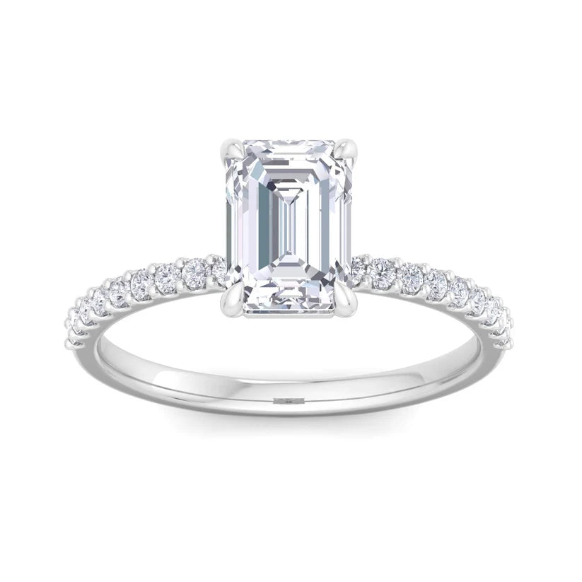 Emerald Cut Diamond Solitaire Engagement Ring with Pavé Band in Gold