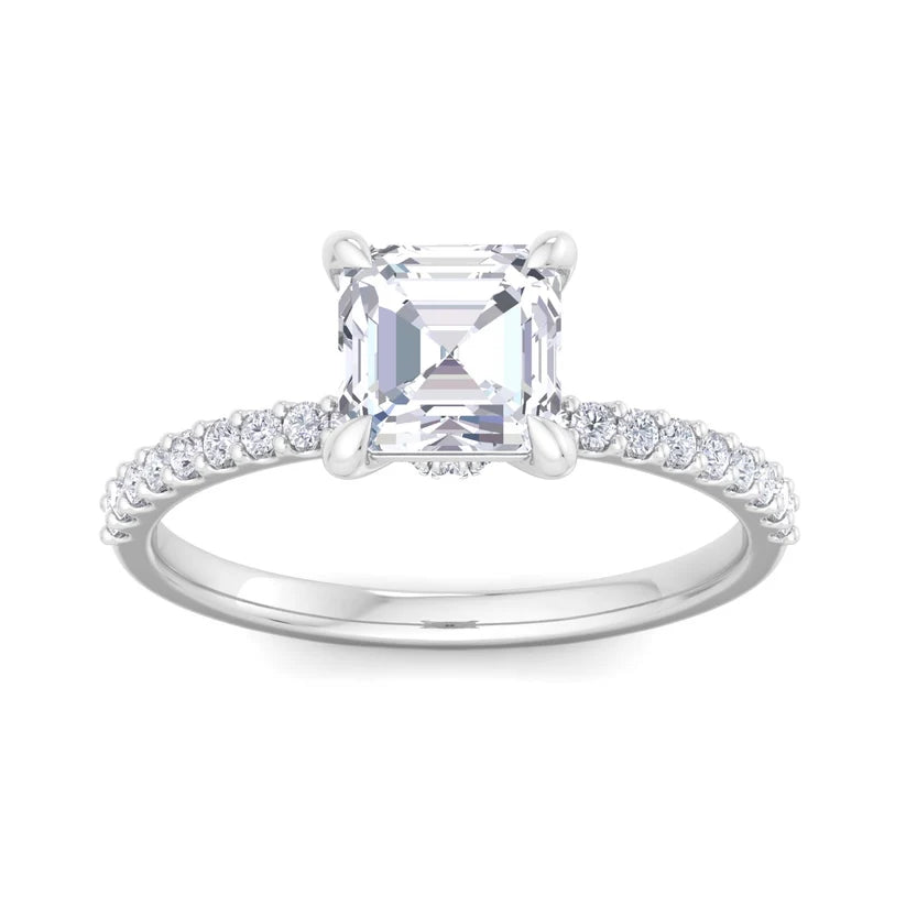 Asscher Cut Diamond Solitaire Engagement Ring | Solid Yellow Gold | Pavé Diamond Band | Classic Four-Prong Setting | Gift for Her
