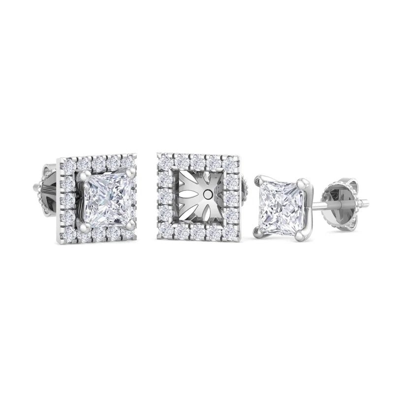 Princess-Cut Diamond Halo Stud Earrings in Gold