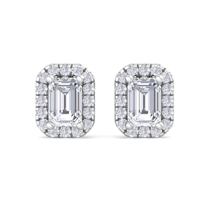 Emerald-Cut Diamond Halo Stud Earrings – Luxury Gold Frame Design