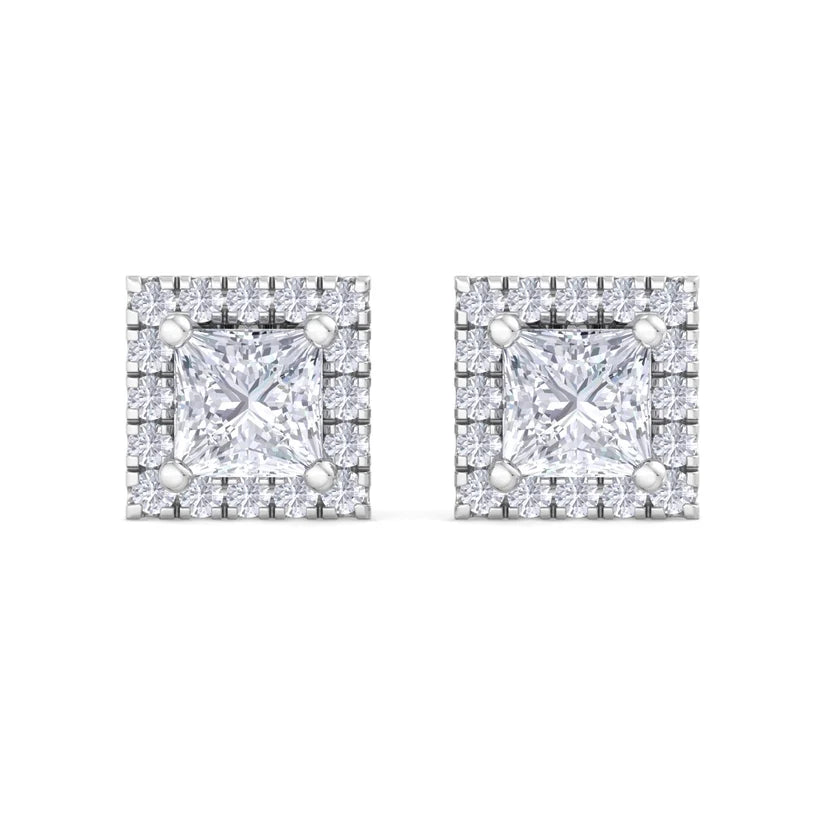 Princess-Cut Diamond Halo Stud Earrings in Gold
