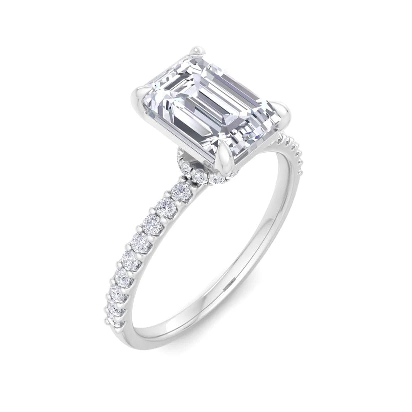 Emerald Cut Diamond Solitaire Engagement Ring with Pavé Band in Gold