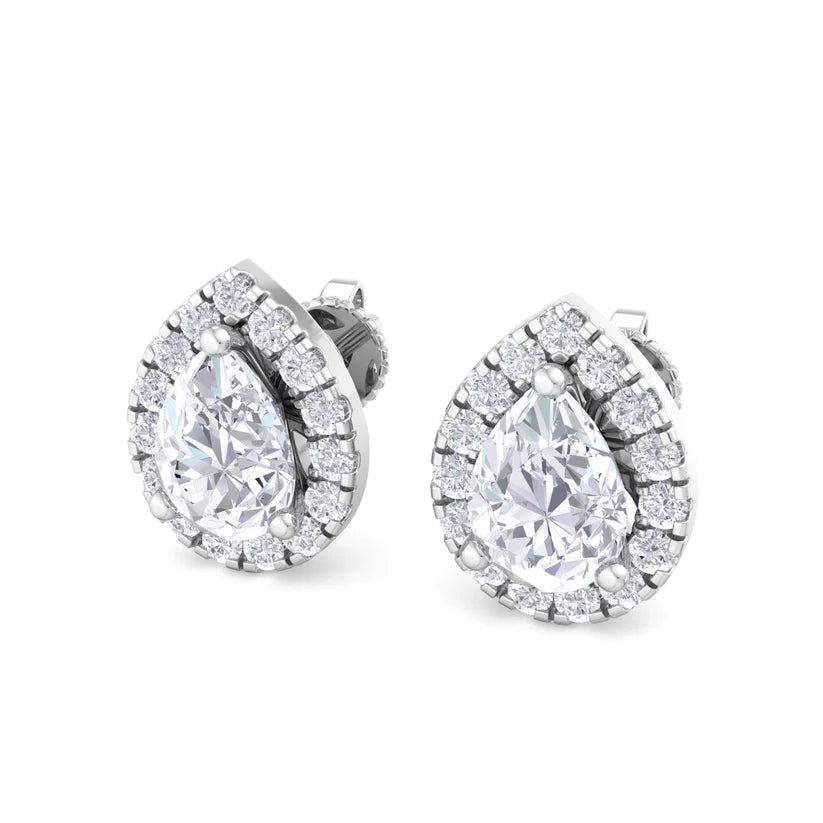 Pear-Shaped Diamond Halo Stud Earrings in Gold