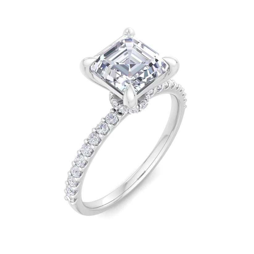 Asscher Cut Diamond Solitaire Engagement Ring | Solid Yellow Gold | Pavé Diamond Band | Classic Four-Prong Setting | Gift for Her
