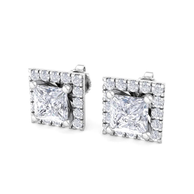 Princess-Cut Diamond Halo Stud Earrings in Gold