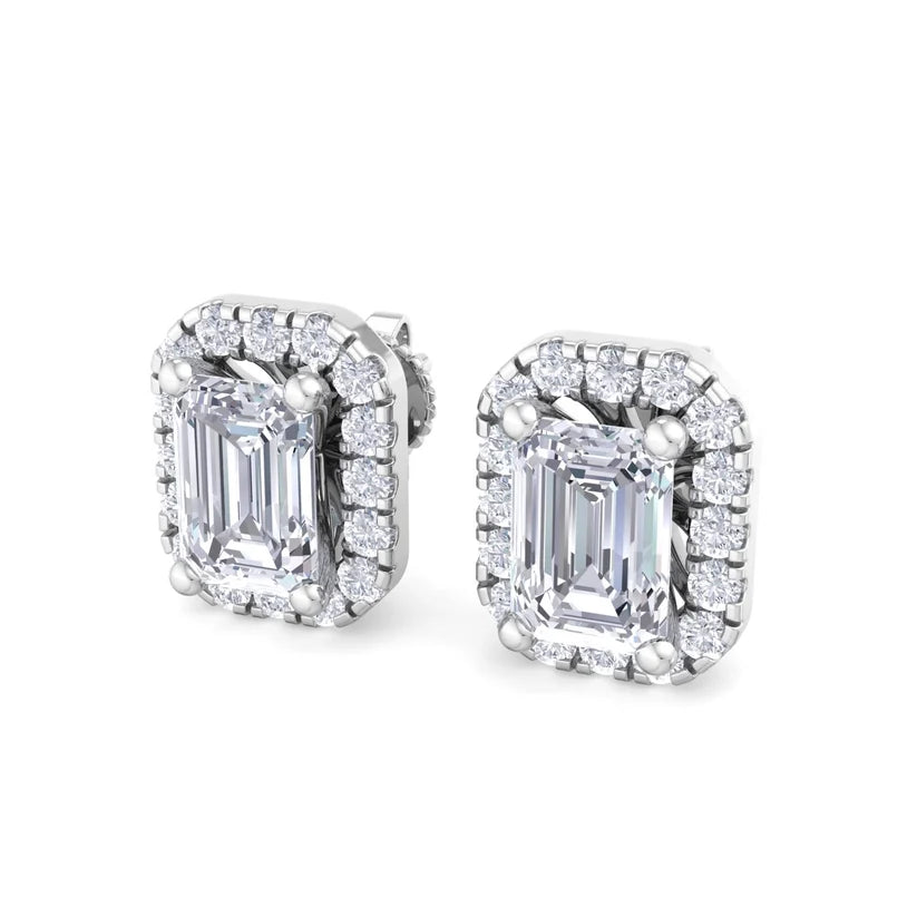Emerald-Cut Diamond Halo Stud Earrings – Luxury Gold Frame Design