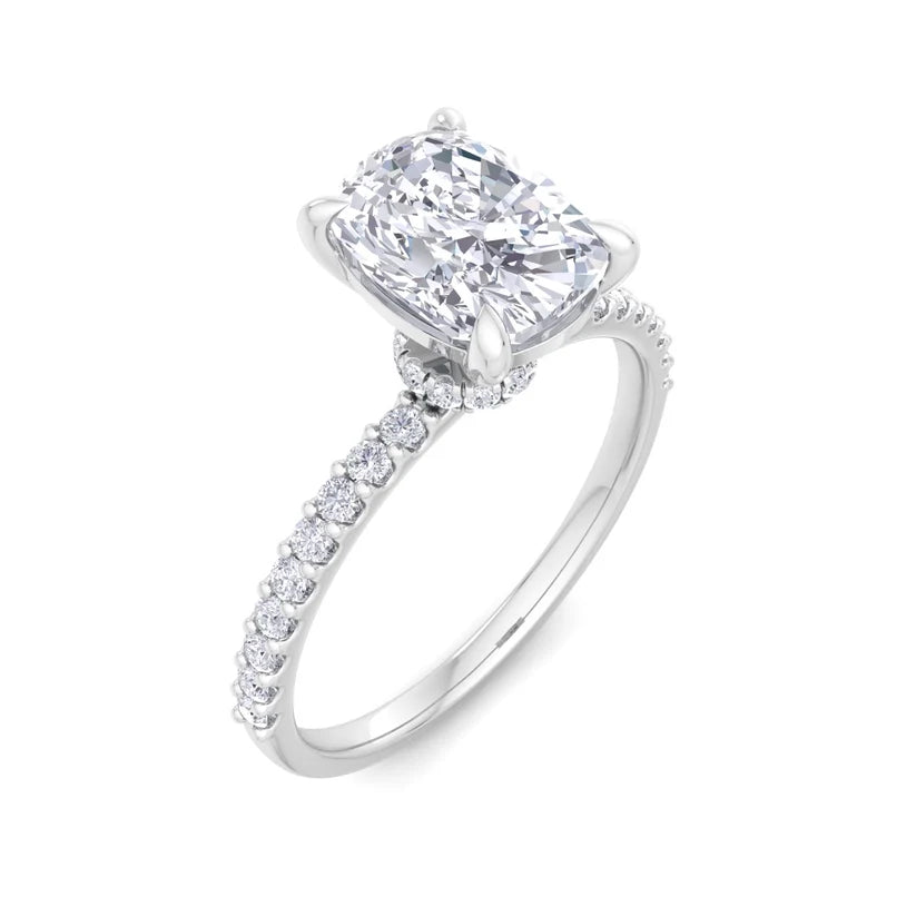 Cushion Cut Diamond Solitaire Engagement Ring | Solid Yellow Gold | Pavé Diamond Band | Classic Four-Prong Setting | Gift for Her