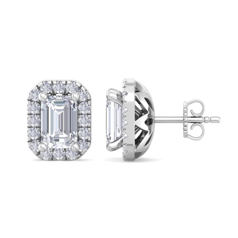 Emerald-Cut Diamond Halo Stud Earrings – Luxury Gold Frame Design