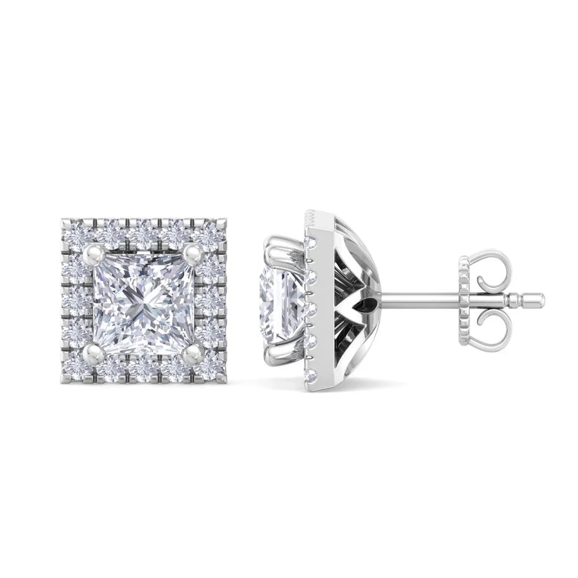 Princess-Cut Diamond Halo Stud Earrings in Gold