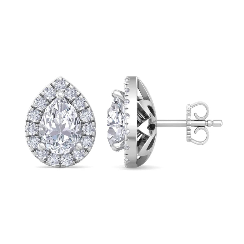 Pear-Shaped Diamond Halo Stud Earrings in Gold