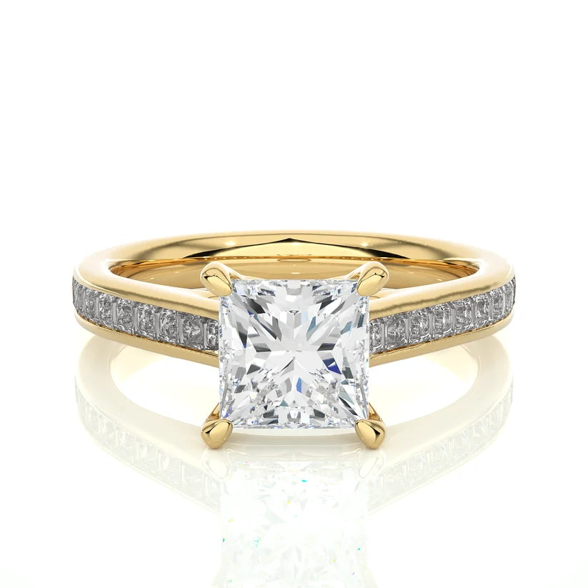Princess Cut Diamond Gold Engagement Ring with Channel-Set Band