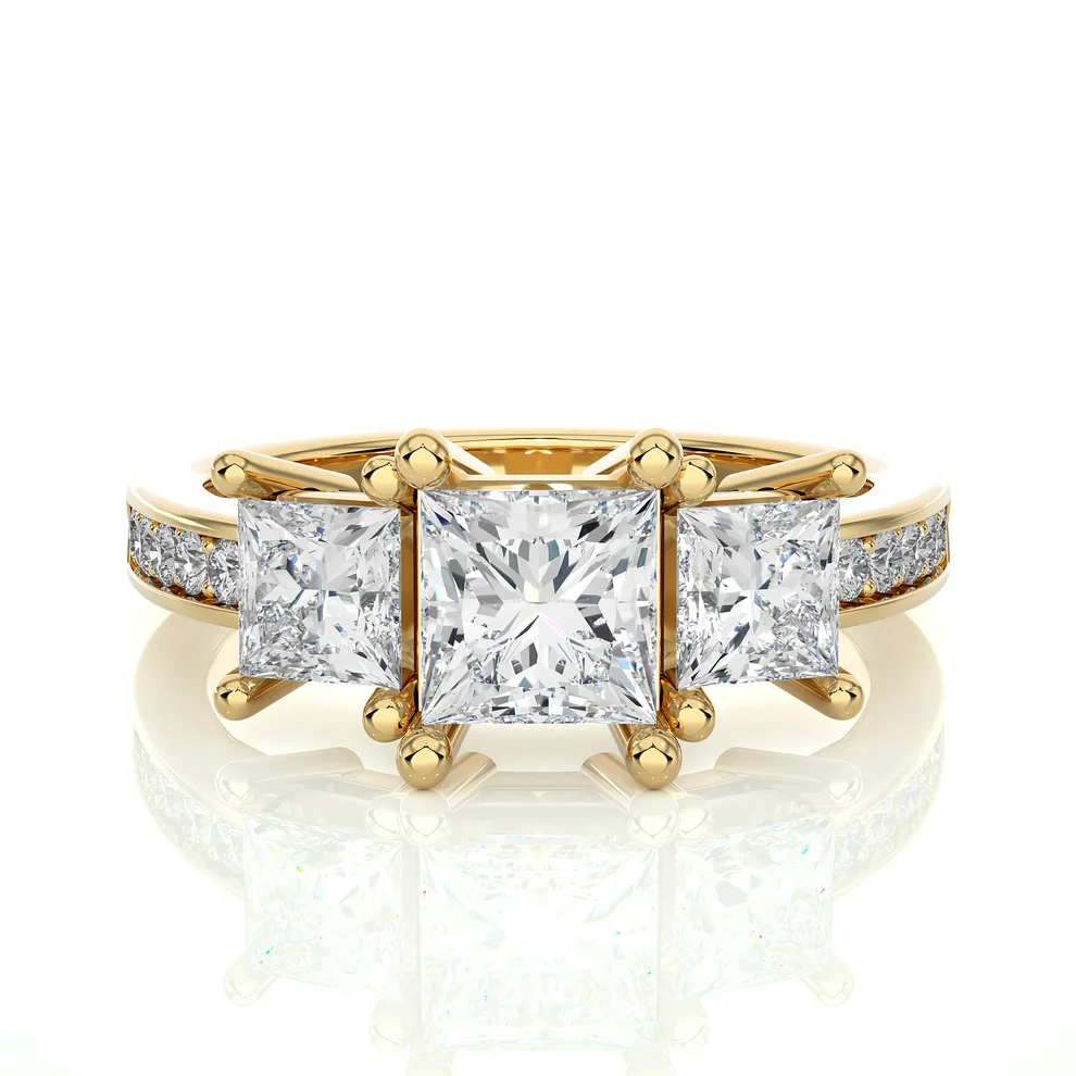 Princess Cut Three Stone Diamond Engagement Ring | Solid Yellow Gold | Channel-Set Diamond Band | Classic Trilogy Ring | Gift for Her