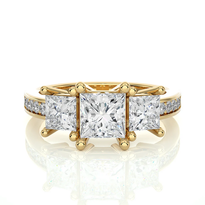 Princess Cut Three Stone Diamond Engagement Ring | Solid Yellow Gold | Channel-Set Diamond Band | Classic Trilogy Ring | Gift for Her