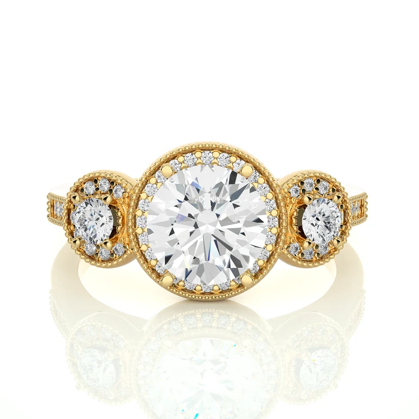 Vintage Three Stone Round Diamond Halo Engagement Ring | Solid Yellow Gold | Milgrain Diamond Ring | Classic Bridal Jewelry | Gift for Her
