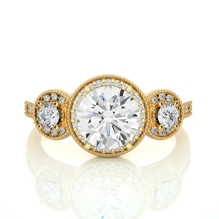 Vintage Three Stone Round Diamond Halo Engagement Ring | Solid Yellow Gold | Milgrain Diamond Ring | Classic Bridal Jewelry | Gift for Her