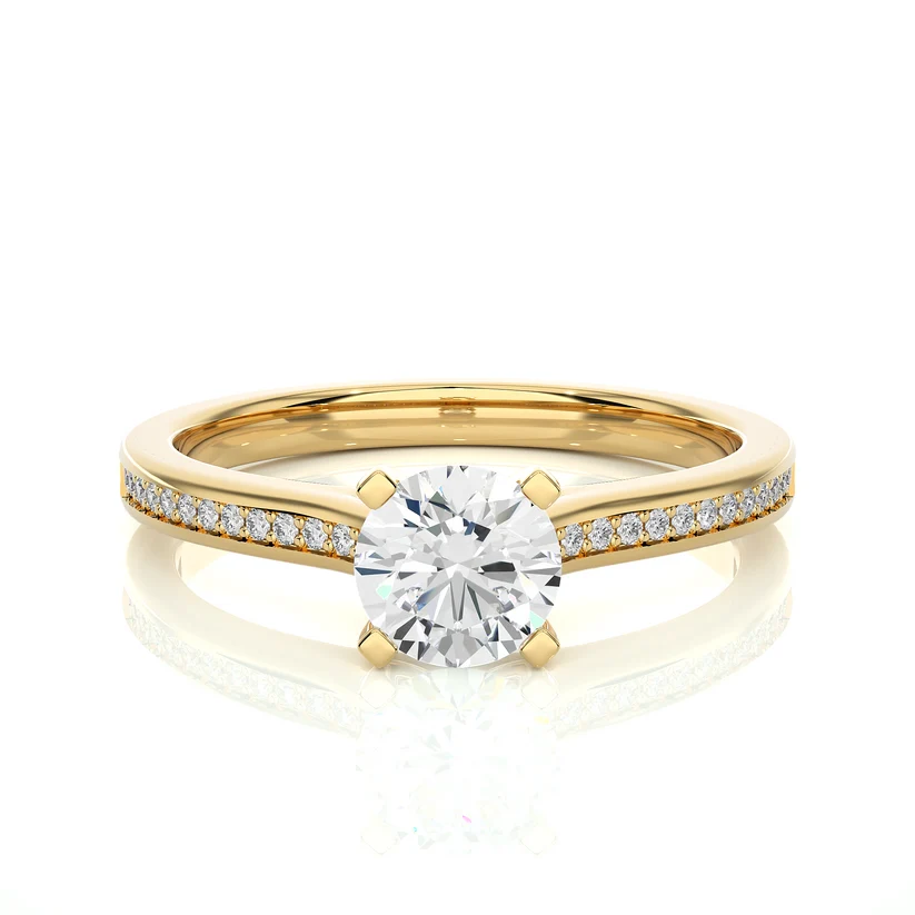 Round Solitaire Diamond Pavé Engagement Ring in Yellow Gold