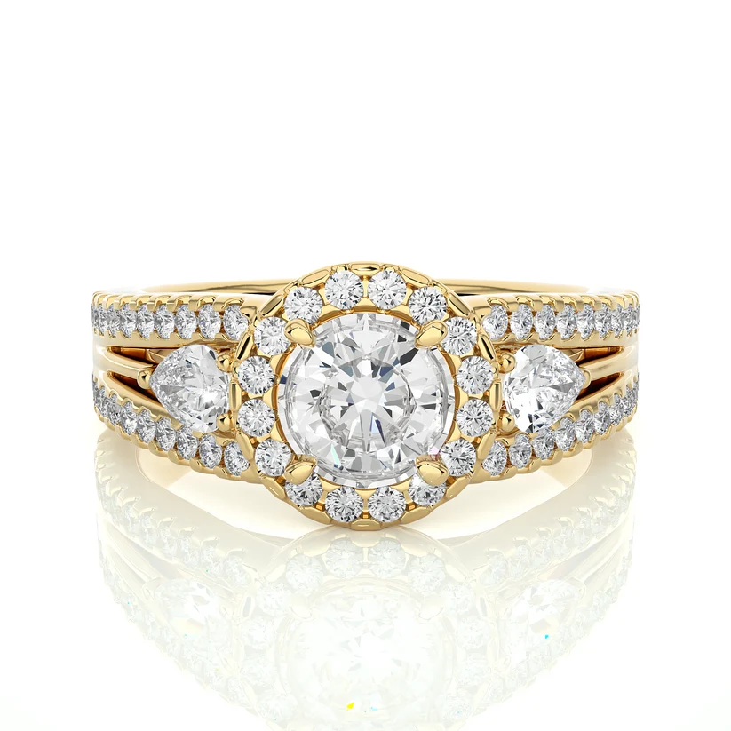 Round Halo Diamond Pear Side Stone Split Shank Engagement Ring in Solid Yellow Gold