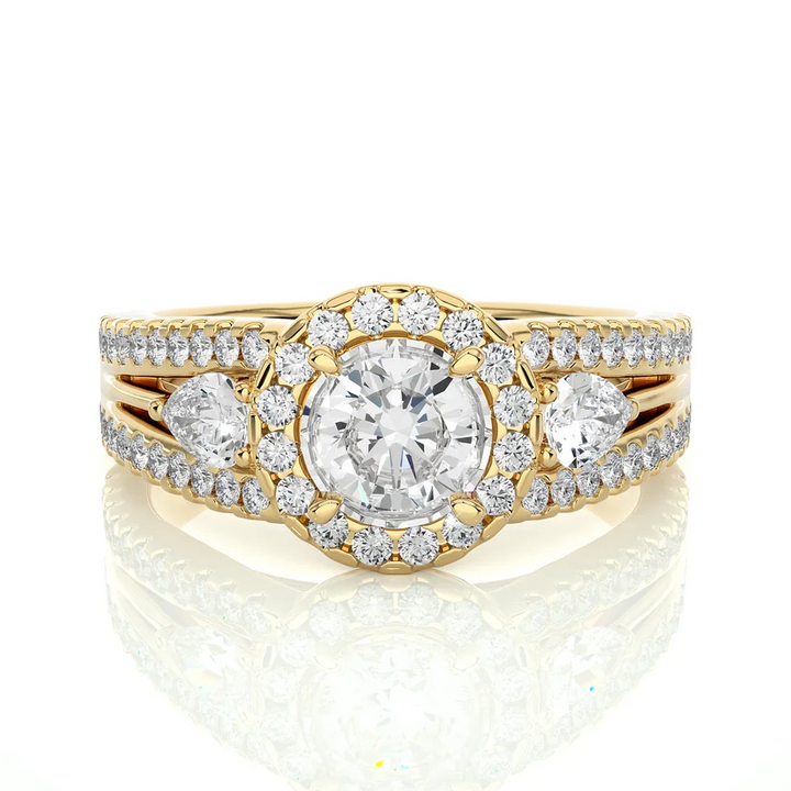 Round Halo Diamond Pear Side Stone Split Shank Engagement Ring in Solid Yellow Gold