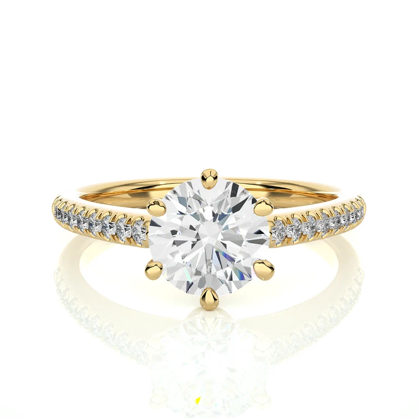 Classic Round Solitaire Diamond Gold Engagement Ring with Pavé Diamond Band