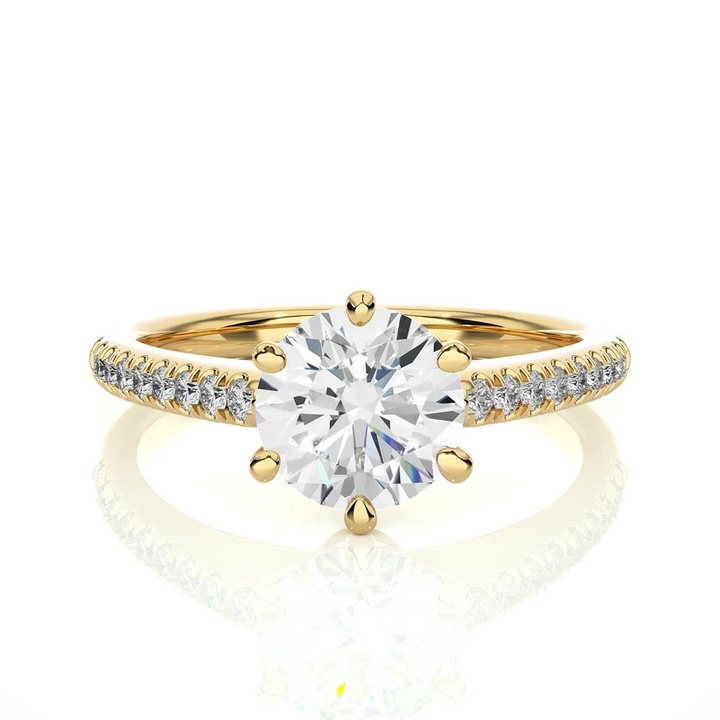 Classic Round Solitaire Diamond Gold Engagement Ring with Pavé Diamond Band