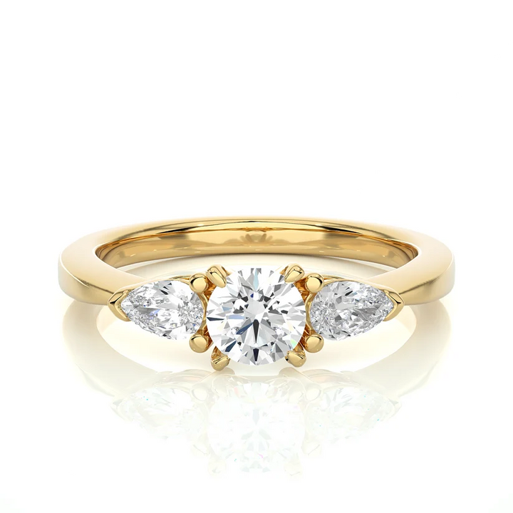Round & Pear Cut Three Stone Diamond Engagement Ring in Yellow Gold