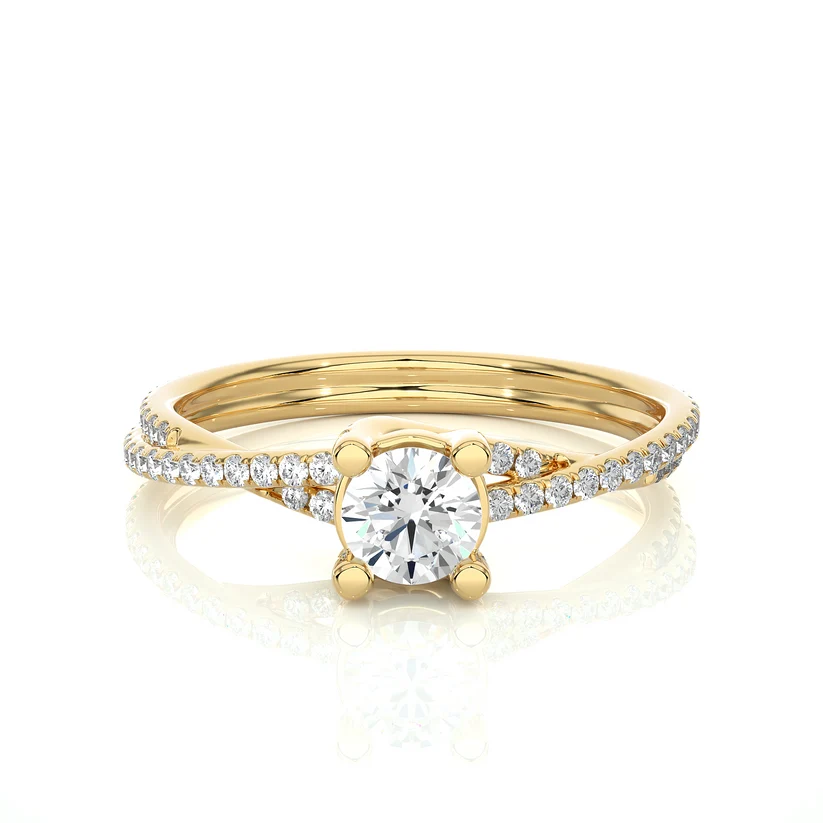 Twisted Round Solitaire Diamond Gold Engagement Ring with Pavé Diamond Band