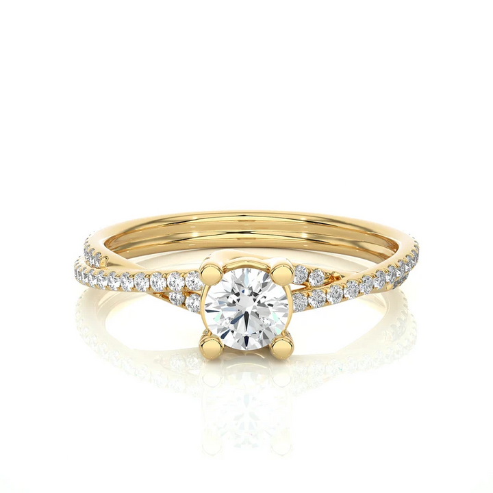 Twisted Round Solitaire Diamond Gold Engagement Ring with Pavé Diamond Band