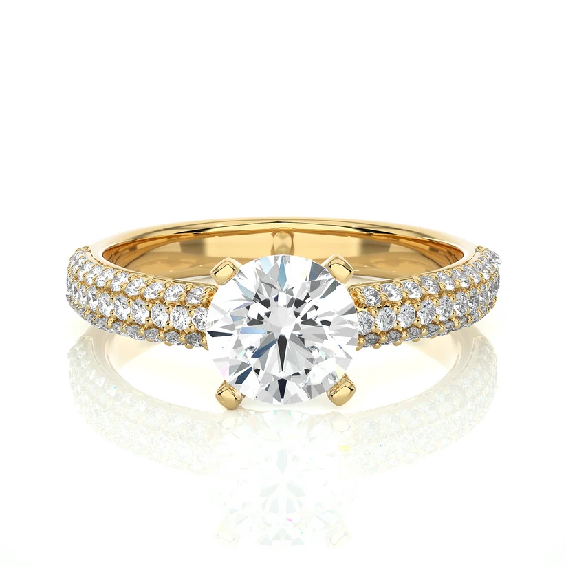 Round Brilliant Diamond Pavé Engagement Ring in Solid Yellow Gold | Triple Row Diamond Band | Classic Solitaire Ring