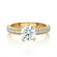 Round Brilliant Diamond Pavé Engagement Ring in Solid Yellow Gold | Triple Row Diamond Band | Classic Solitaire Ring