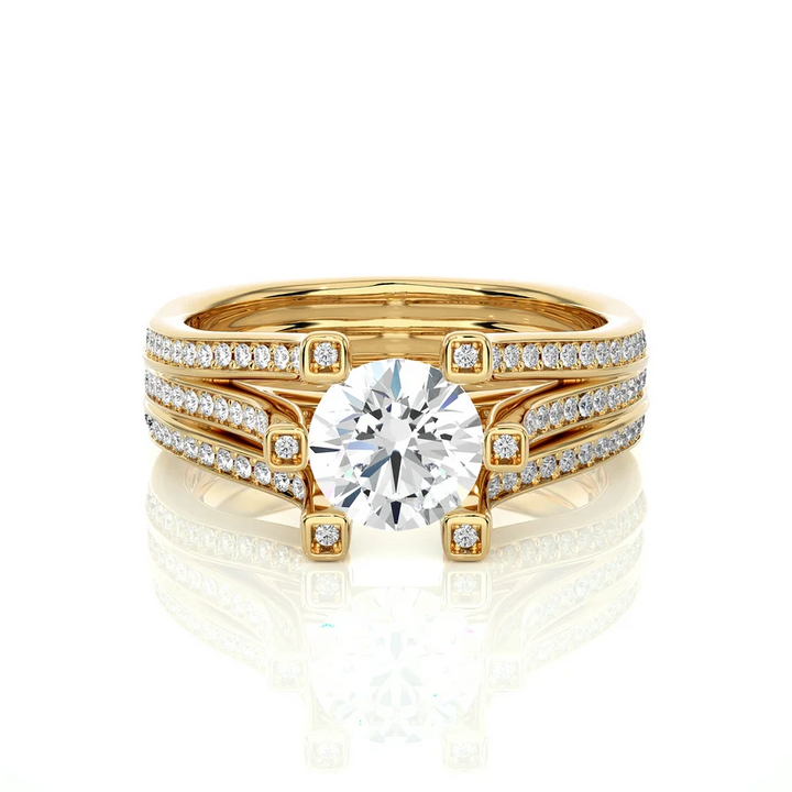 Round Brilliant Diamond Split Shank Bridal Ring Set in Solid Yellow Gold | Pavé Diamond Multi-Band Engagement Ring | Luxury Wedding Ring for Her