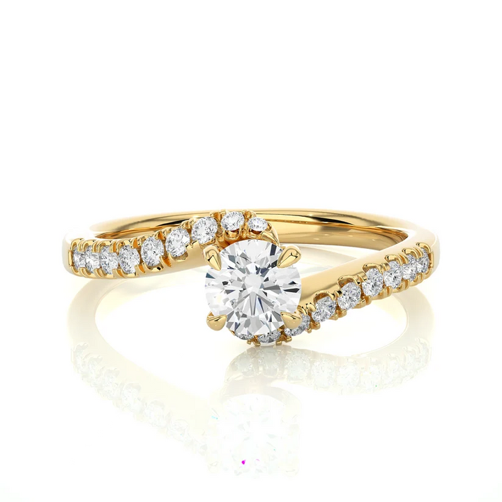 Twisted Round Brilliant Diamond Solitaire Engagement Ring | Solid Yellow Gold | Pavé Diamond Crossover Band | Four-Prong Setting | Gift for Her