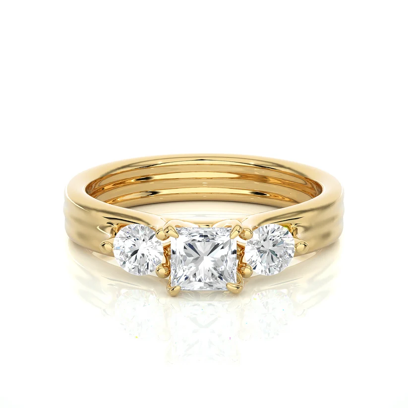 Princess Cut Three Stone Diamond Engagement Ring | Solid Yellow Gold | Round Side Diamonds | Classic Trilogy Ring | Gift for Her