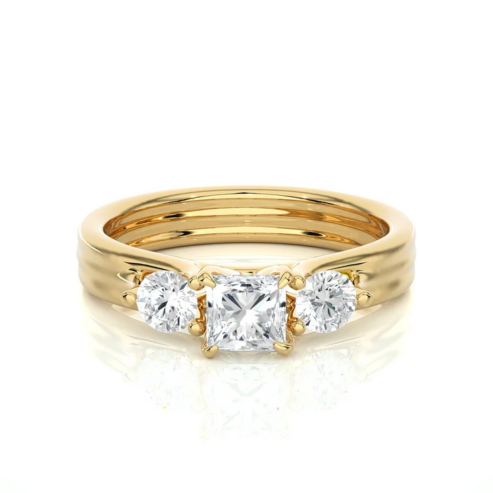 Princess Cut Three Stone Diamond Engagement Ring | Solid Yellow Gold | Round Side Diamonds | Classic Trilogy Ring | Gift for Her