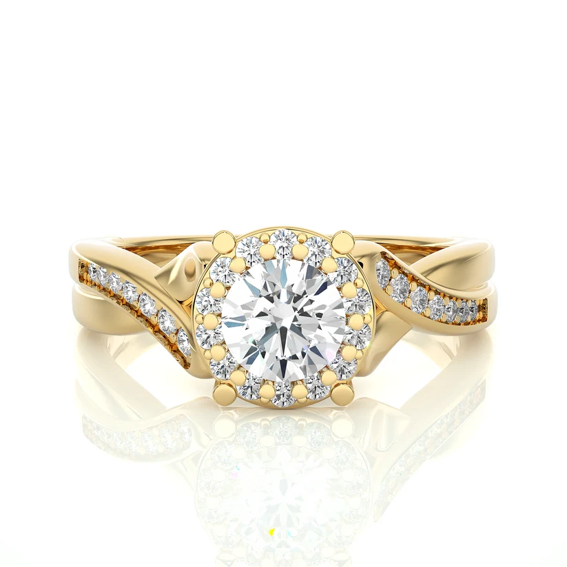 Round Halo Diamond Twist Engagement Ring | Solid Yellow Gold | Pavé Infinity Band | Classic Halo Setting