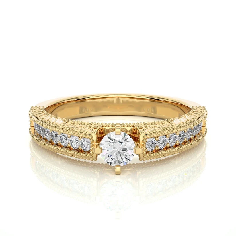 Vintage Round Solitaire Diamond Ring with Milgrain Diamond Band in 10K/14K/18K Yellow Gold