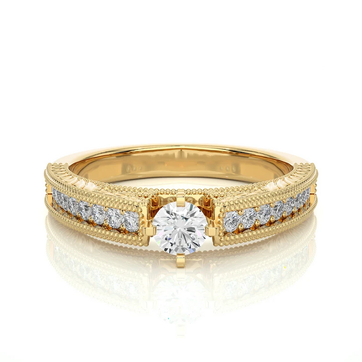 Vintage Round Solitaire Diamond Ring with Milgrain Diamond Band in 10K/14K/18K Yellow Gold