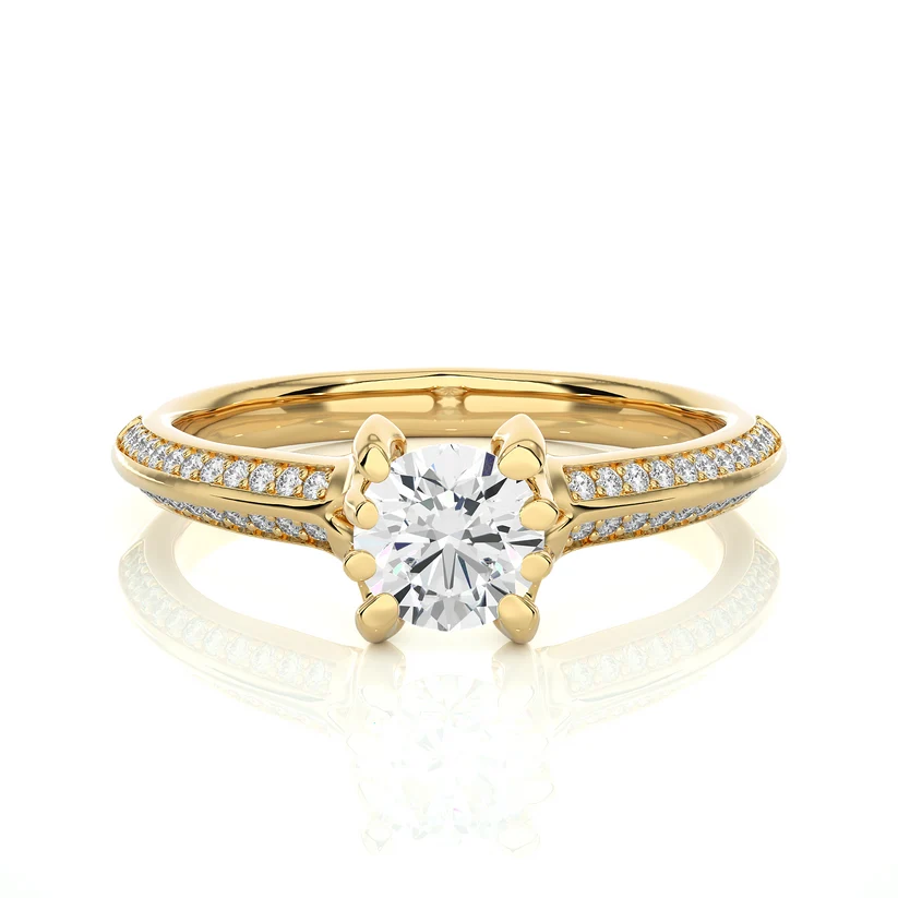 Round Solitaire Diamond Split Shank Gold Engagement Ring with Pavé Diamond Band