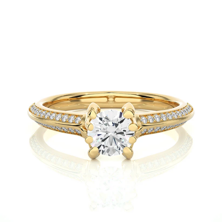 Round Solitaire Diamond Split Shank Gold Engagement Ring with Pavé Diamond Band